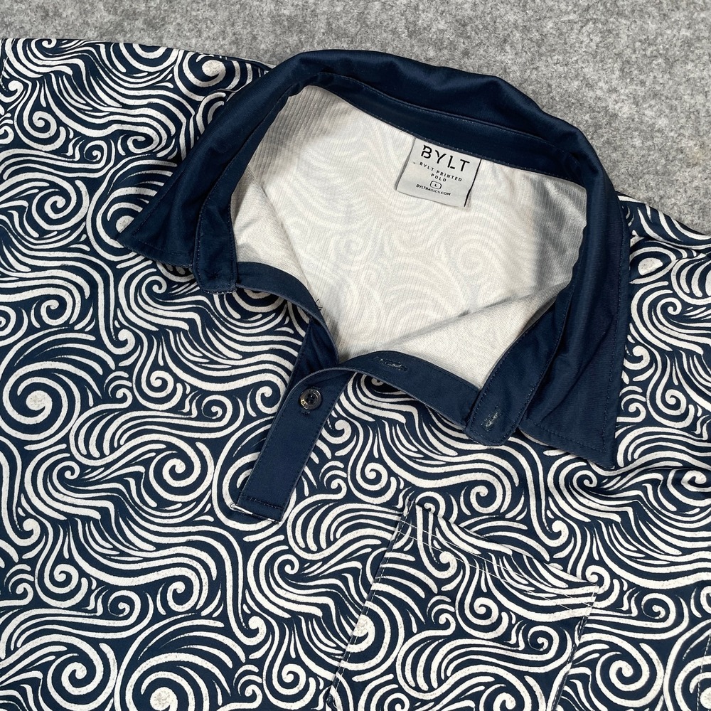 BYLT Mens Printed Polo Size L Navy Blue Swirl Wave Performance Short Sleeve
